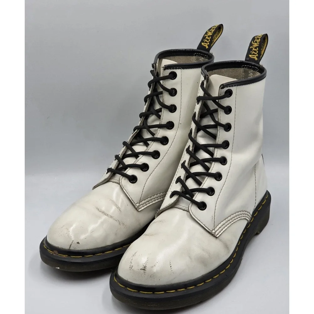 Dr Dr. Martens 1460 Black White Leather Boots UK 7 US Men 8 EU 41 Lace Up